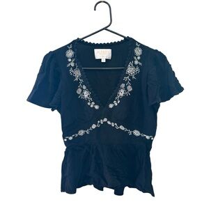 Francesca's Audrey Parks Collection Black Babydoll Blouse w/ White Embroidery M